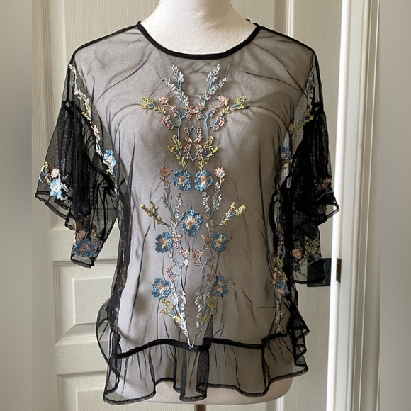 NWT Kaari Blue black sheer mesh blouse size XS. - Picture 1 of 6
